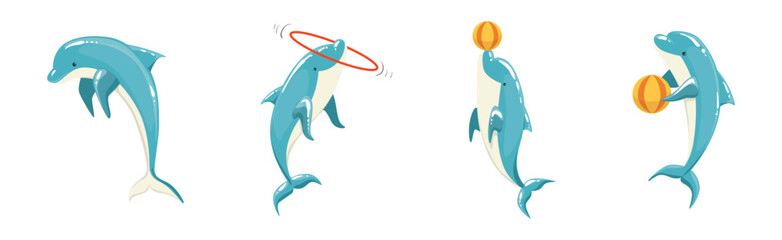 Blue Bottlenose Dolphin Performing Show Trick Vector Set