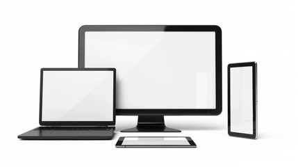 Fototapeta premium Flat lay of multiple electronic devices including laptops, tablets, and smartphones, set against a white background.