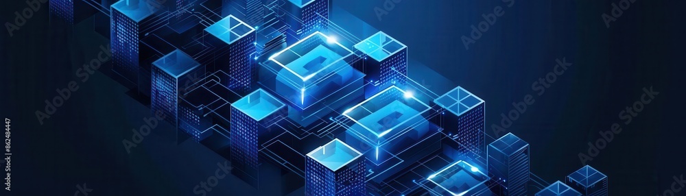 Poster futuristic blockchain technology concept with glowing digital blocks connected in a chain on a dark 