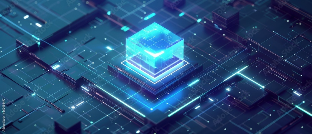 Poster futuristic digital data visualization concept with glowing blue cube, representing blockchain, techn