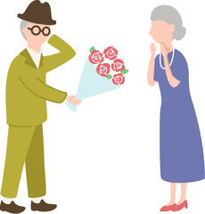 照れながらバラの花束を渡す初老の男性と、驚き喜んで受け取る初老の女性のイラスト