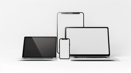 Flat lay of multiple electronic devices including laptops, tablets, and smartphones, set against a white background.