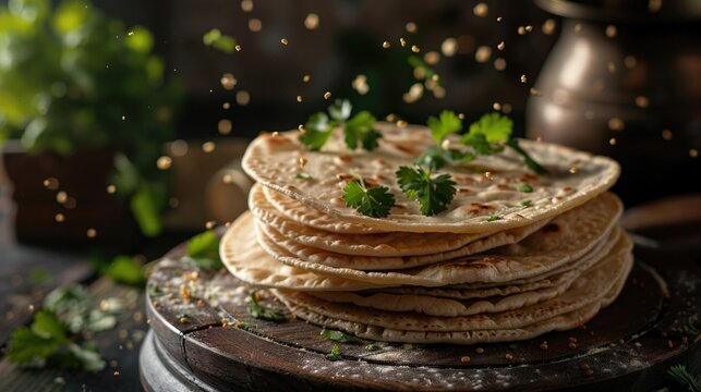 Creative photography of Indian chapati flatbread with cilantro in levitation for high quality image