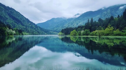 45. A view of a lake with mountains reflecting in the water, showcasing the serene beauty and tranquility of nature.