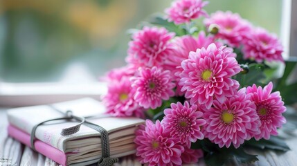 Notebook and pretty bouquet of pink chrysanthemums