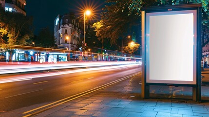 City street at night with a lightbox billboard and car light trails.