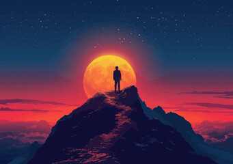 Fototapeta premium Silhouette of Businessman Reaching Mountain Peak at Sunset, Success and Achievement, Inspirational Business Concept, Vector Illustration
