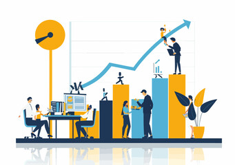 Business Team Collaboration and Growth: Minimalistic Vector Illustration of Employees Working Together in Office Setting with Growing Chart, Reflecting Success and Productivity