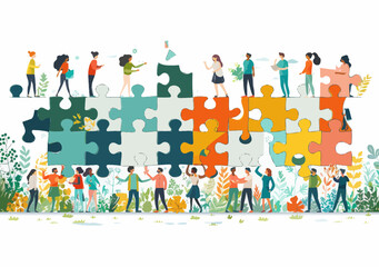 Fototapeta premium Collaborative Teamwork Solving Puzzle, Concept of Human Resources, Problem-Solving, Vector Illustration, People Working Together, Daytime Scene, Corporate Culture, Unity and Cooperation