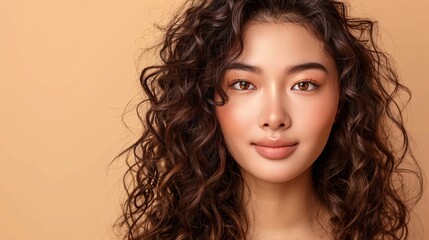 Naklejka premium Attractive East Asian female with wavy hair, flawless complexion, and happy expression on neutral backdrop. Skincare and beauty enhancement.