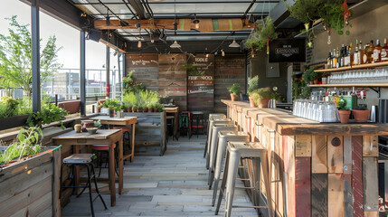 Retro-style rooftop bar featuring upcycled wooden furniture, industrial chic accents, and an herb...