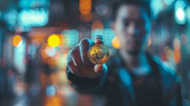 Crypto lover posing with physical Bitcoin while digital currency charts blur in background, embracing blockchain technology. cryptocurrency bitcoin blockchain