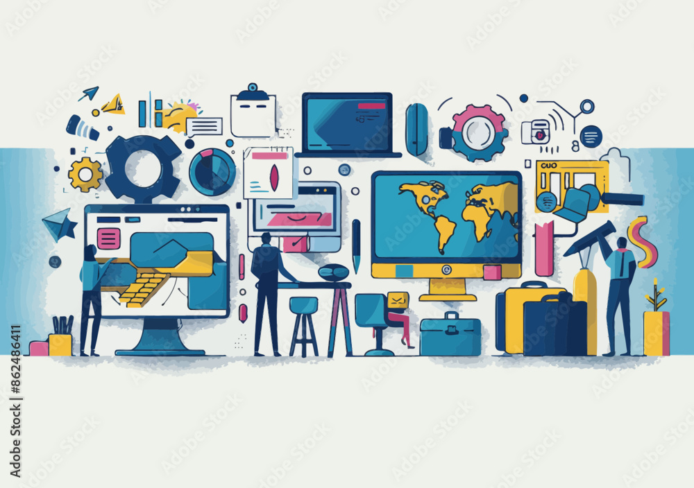 Poster minimalistic vector illustration of business solutions workflow and team collaboration with office t