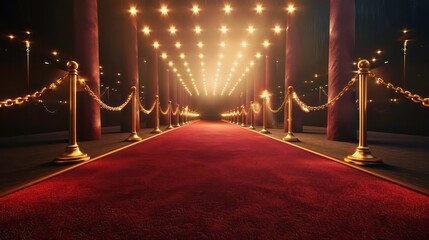 3D luxury red carpet with gold barriers for events awards and premieres illustrated in realistic detail Copy space image Place for adding text or design. Generative AI