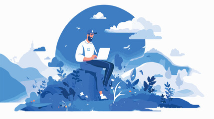 Man with computer on field. flat vector style