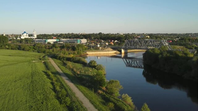 aerial view of the railway bridge over the Nerl River. Metal structures. High quality 4k footage