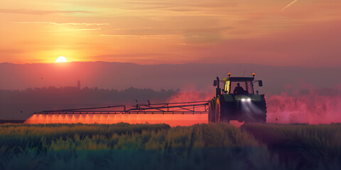 Naklejka premium Golden Hour Agriculture Tractor Spraying Fertilizer Across Wheat Fields at sunset background. 