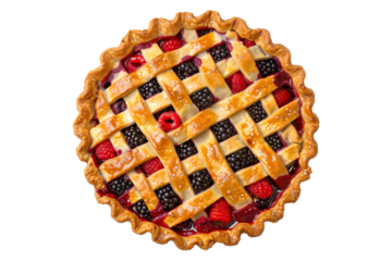 Freshly baked mixed berry pie with a stunning lattice crust isolated on white transparent background