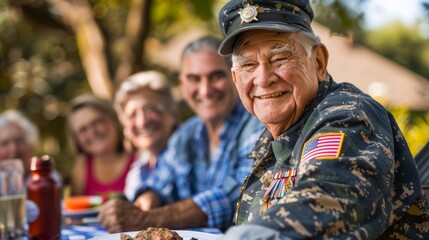 American veteran surrounded by family at outdoor barbecue, smiling warmly in uniform adorned with medals and ribbons. elderly, support, family.