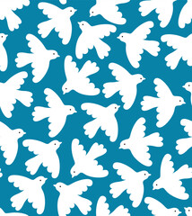 Seamless pattern with white birds jn blue sky. Vector cartoon background in flat style.	