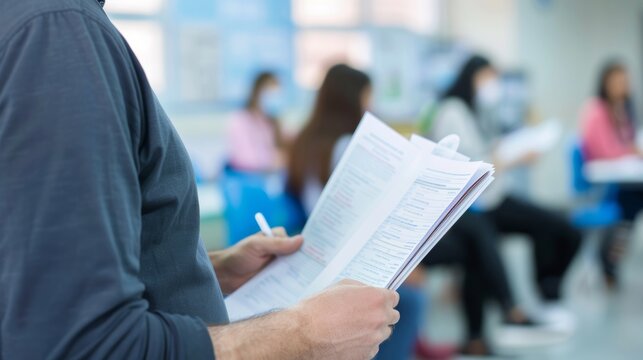 GED instructor with study materials at GED prep center for adult education and GED preparation.