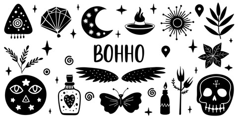 Black and white witchcraft icons with hair, face, and butterfly themes. A collection of black and white witchcraft icons set against a white background