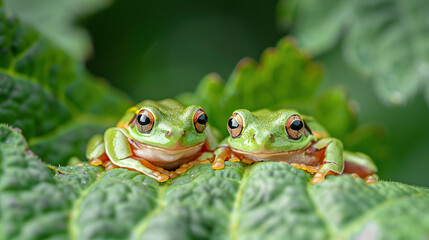 Naklejka premium A pair of tiny tree frogs resting on a large green leaf with the surrounding foliage. 