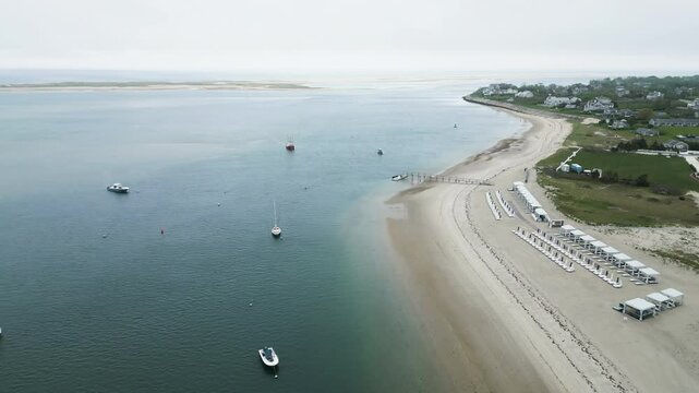 Boats in the harbor of Chatham, Cape Cod, Massachusetts. Aerial shots