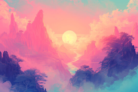 pixel art Abstract wallpaper, combining retro aesthetics with a dreamy landscape, Unique landscape artwork using pixel style, pixel art concept banner, Pixel sunset landscape with trees and mountains