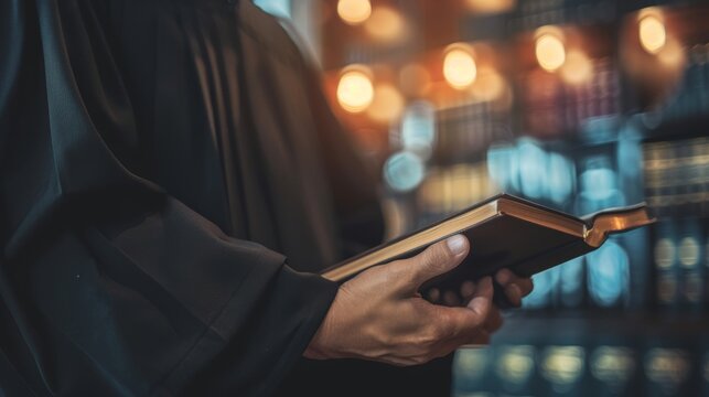 "Judge with legal judgment in hand, ruling in courthouse - judicial decision made." judge, legal judgment, ruling.