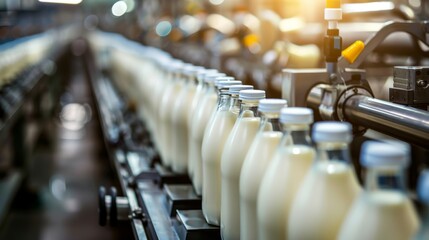 Obraz premium Milk factory. Robotic factory line for processing and bottling of milk. Selective focus.