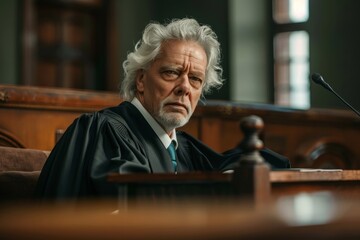 A judge in a courtroom, wearing a traditional robe, making a serious ruling with a focused expression