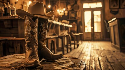 the old western saloon vibe with cowboy hats, dusty boots, and vintage sepia tones.