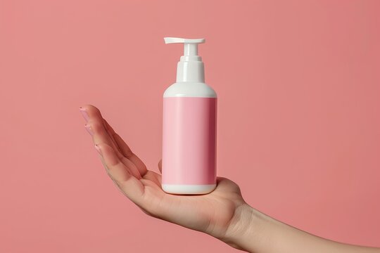 Hand holding calamine lotion bottle with itchy skin in background, Itchy skin relief, Topical treatment