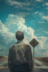 Fototapeta premium Man standing at a crossroads sign, looking uncertain, Life choices, Decision making