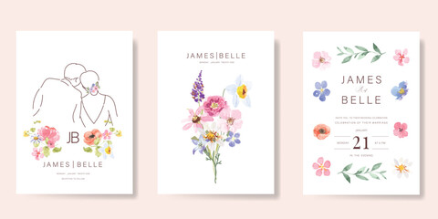 Elegant wedding invitation card background vector. Minimal hand drawn bride and groom in watercolor botanical flowers texture. Design for wedding, vip cover template, rsvp modern card, poster. 