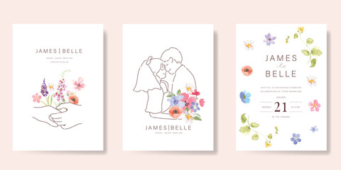 Elegant wedding invitation card background vector. Minimal hand drawn bride and groom in watercolor botanical flowers texture. Design for wedding, vip cover template, rsvp modern card, poster. 