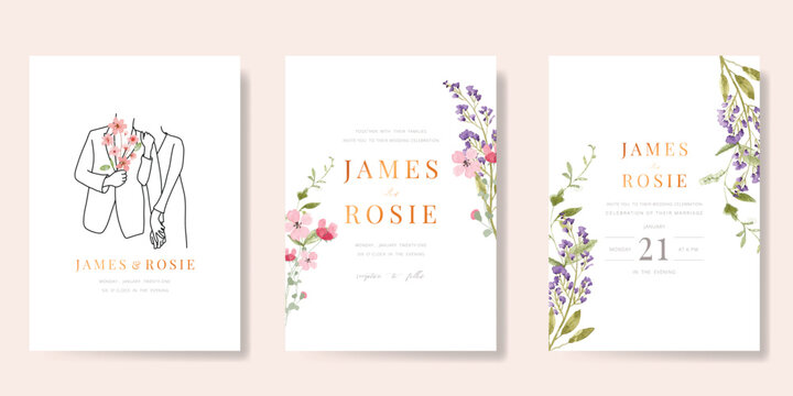 Elegant wedding invitation card background vector. Minimal hand drawn bride and groom in watercolor botanical flowers texture. Design for wedding, vip cover template, rsvp modern card, poster. 