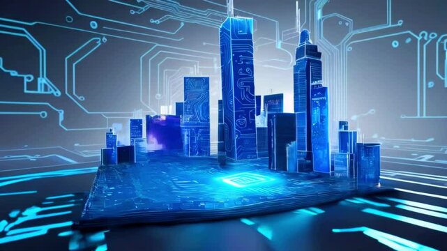 A blue translucent of a city on a circuit board.