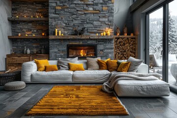 Cozy modern living room interior with fireplace and winter view