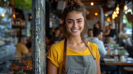 Fototapeta premium Smiling woman in yellow shirt and apron holding tablet in restaurant doorway, with blurred background and customers. woman, restaurant, smiling.