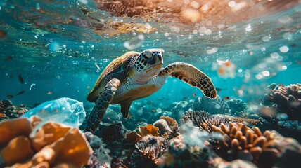Obraz premium Underwater shot of a sea turtle swimming among plastic waste, highlighting the impact of pollution on marine life and ocean health. 