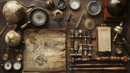 Neatly arranged geography tools including a compass High quality images