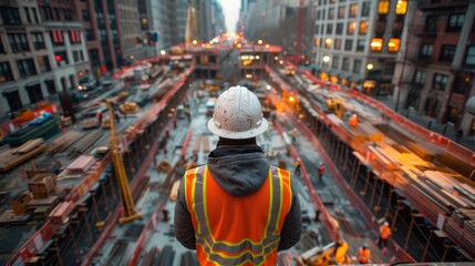 Obraz premium Project manager overseeing construction progress in hard hat and safety vest. projectmanagement constructionsite progresscheck