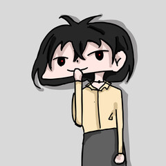 cartoon illustration Woman with short hair and yellow shirt He was standing with his hand covering his mouth.