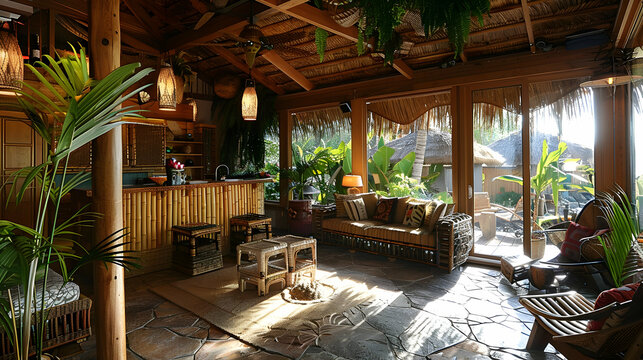 Tropical Bungalow: Palm-frond walls with tiki decor, island-inspired furniture, open layouts with beach vibes