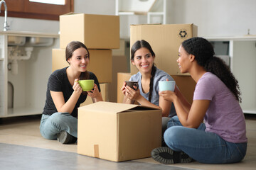 Three roommates moving house talking and drinking