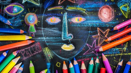 Fototapeta premium Artistic shot of colorful chalks and drawings on a blackboard High quality images