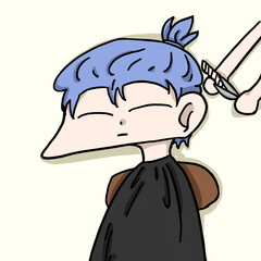 Cartoon woman in brown dress sitting at barber shop