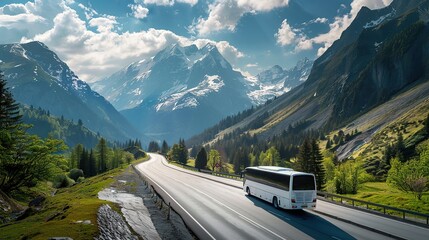 Beautiful highway with white travel bus, picturesque journey, tranquil, vivid, wide angle. copy space for text.